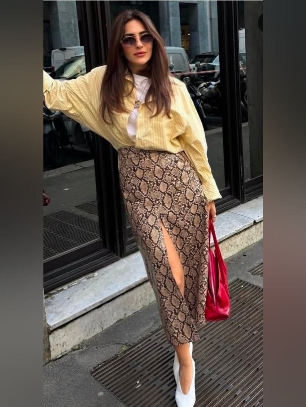 Zara Beige Snake-Print Midi Skirt with Front Slit